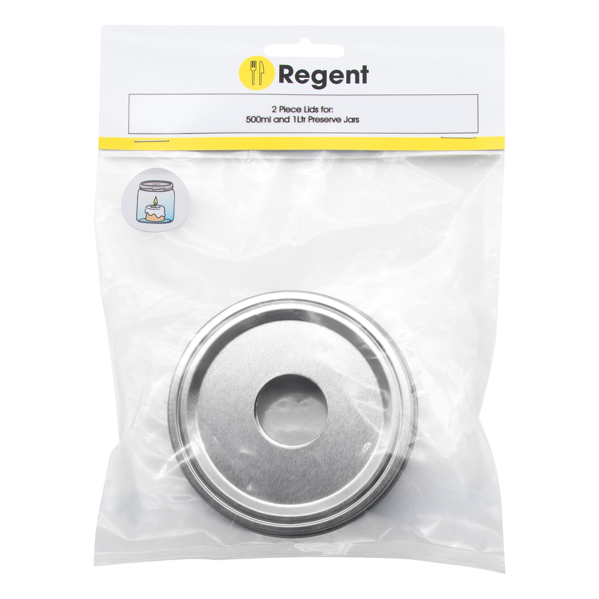 REGENT JAR LIDS WITH CUT OUT FOR CANDLE OR STRAW ST. STEEL 2PK, 90MM DIA
