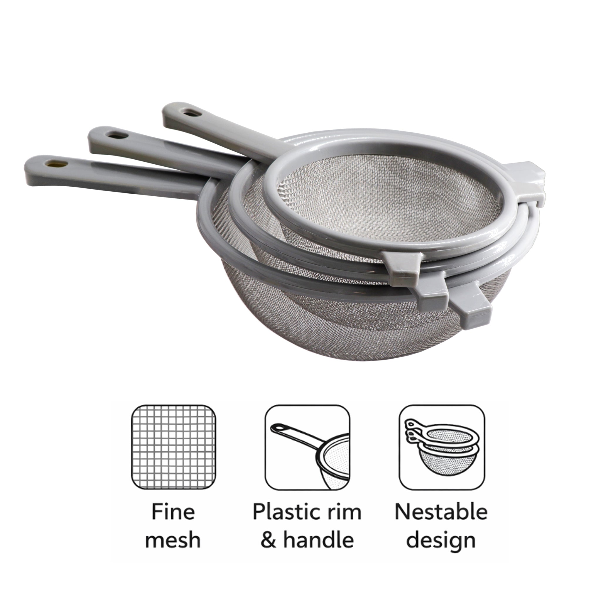 REGENT KITCHEN STRAINERS ST STEEL WITH PP PLASTIC FRAME GREY 3PCS SET, 150 l 180 l 210MM DIA