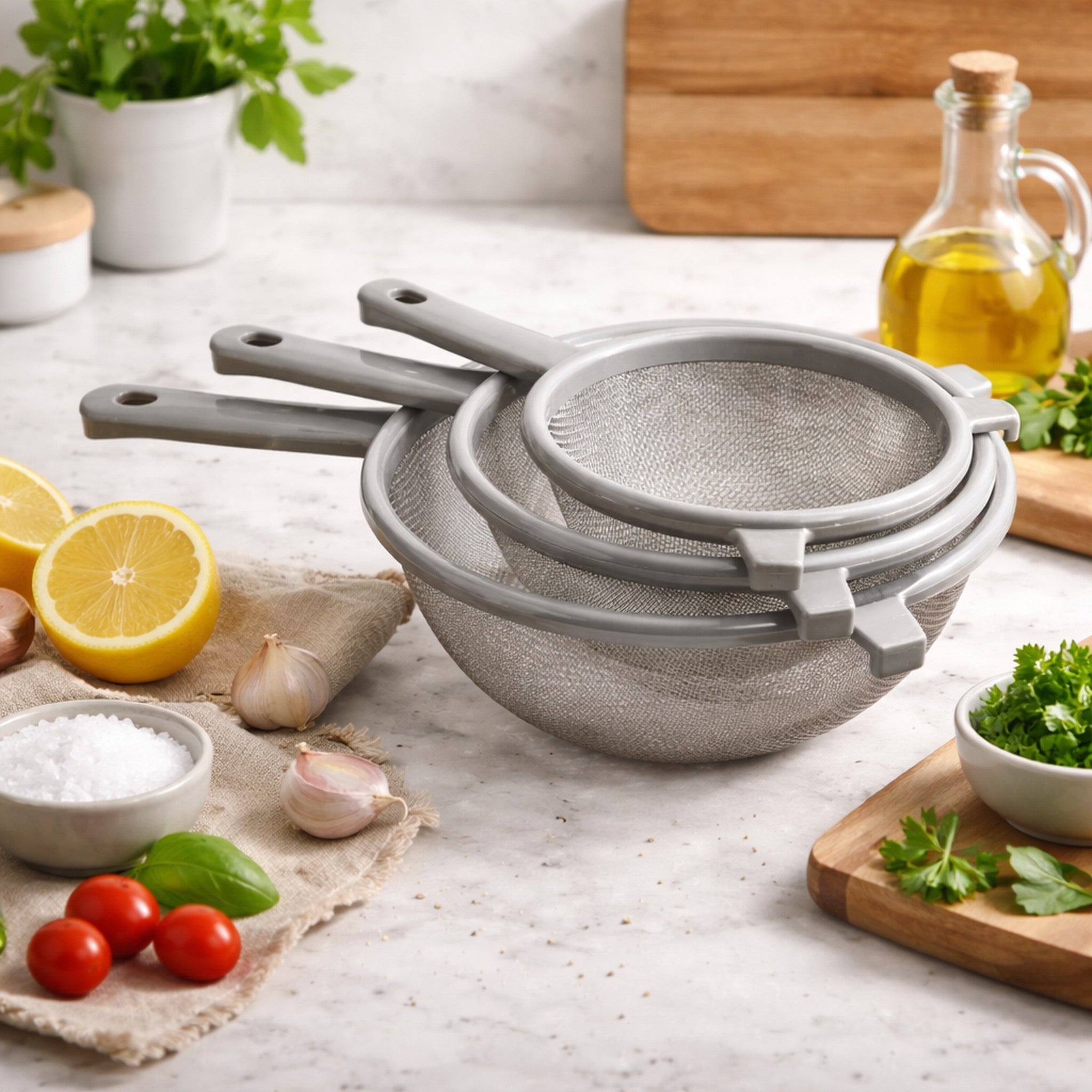 REGENT KITCHEN STRAINERS ST STEEL WITH PP PLASTIC FRAME GREY 3PCS SET, 150 l 180 l 210MM DIA