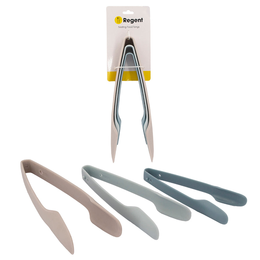 REGENT KITCHEN COLOURED NESTING FOOD TONGS PLASTIC 3PK SET, 250MM l 215MM l 185MM