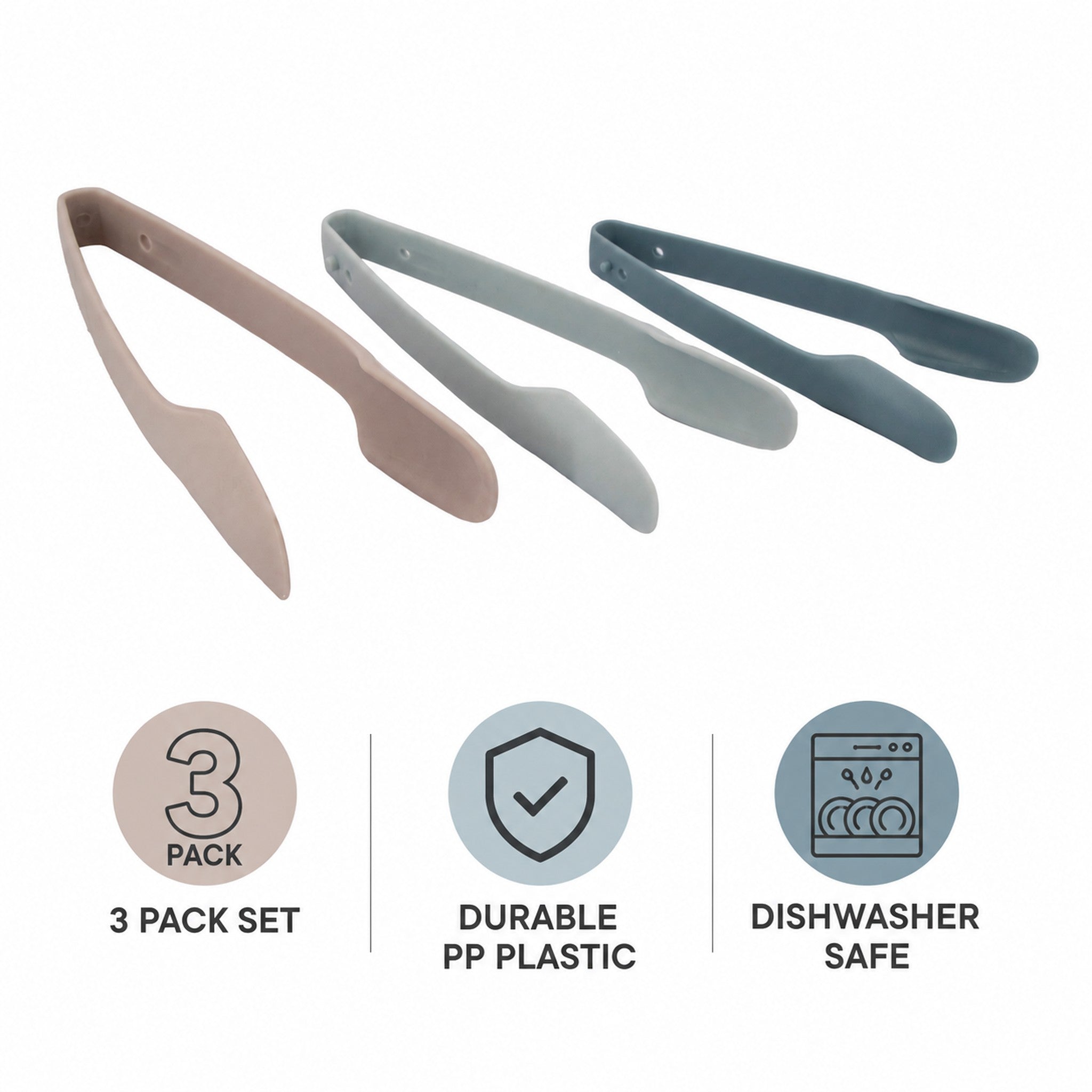 REGENT KITCHEN COLOURED NESTING FOOD TONGS PLASTIC 3PK SET, 250MM l 215MM l 185MM