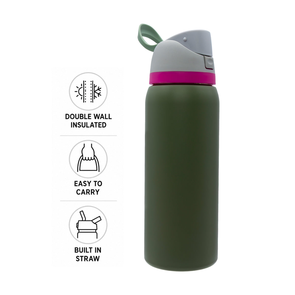 REGENT TRAVEL VACUUM FLASK STAINLESS STEEL WITH SIP STRAW OLIVE GREEN, 960ML