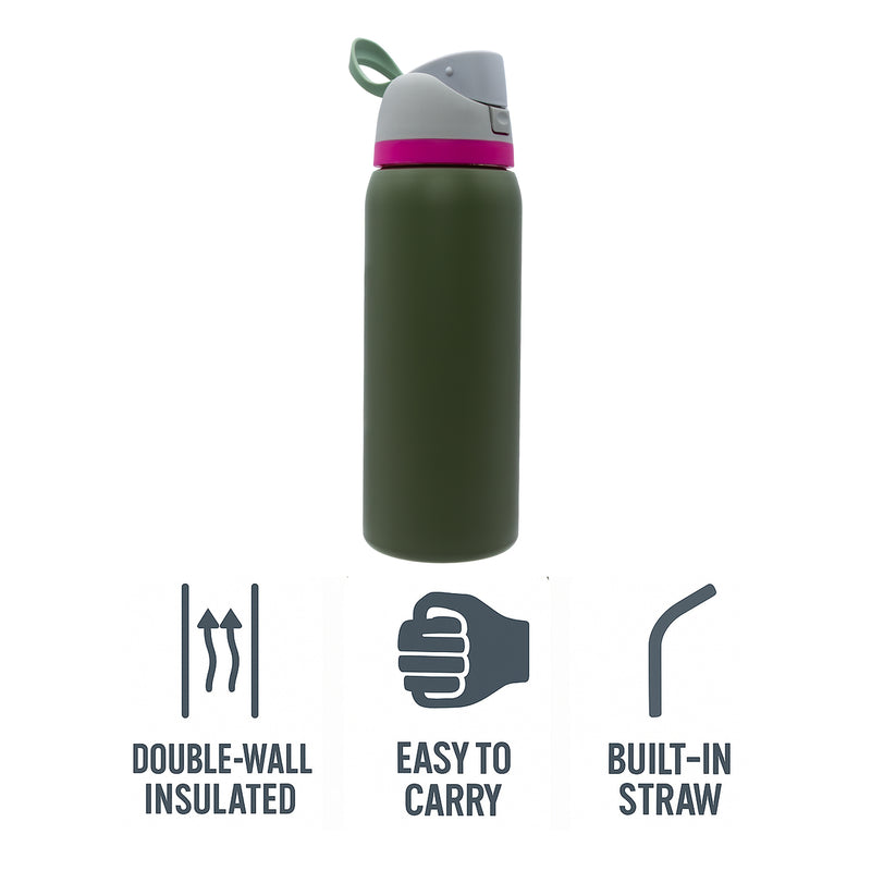 REGENT TRAVEL VACUUM FLASK STAINLESS STEEL WITH SIP STRAW OLIVE GREEN, 960ML