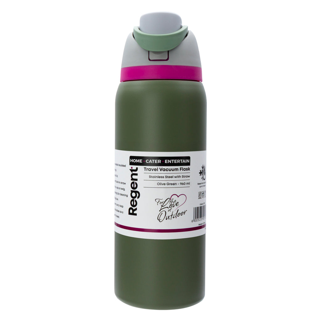 REGENT TRAVEL VACUUM FLASK STAINLESS STEEL WITH SIP STRAW OLIVE GREEN, 960ML