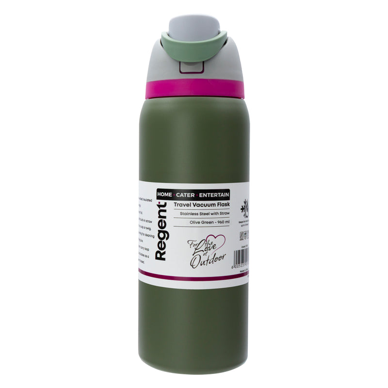 REGENT TRAVEL VACUUM FLASK STAINLESS STEEL WITH SIP STRAW OLIVE GREEN, 960ML