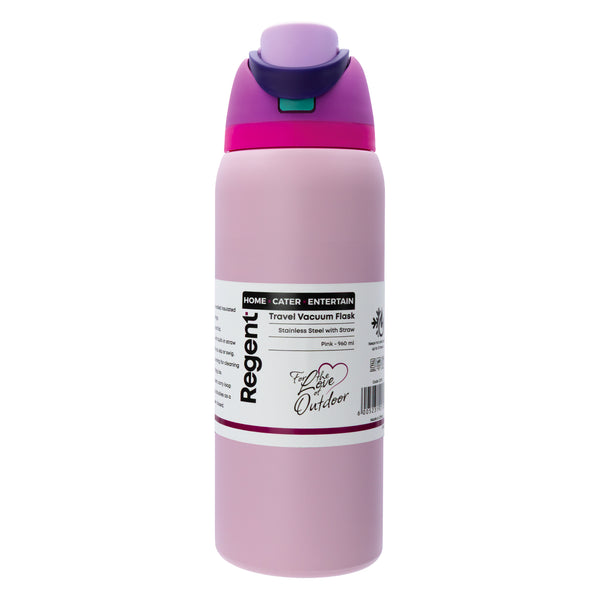 REGENT TRAVEL VACUUM FLASK STAINLESS STEEL WITH SIP STRAW PINK, 960ML