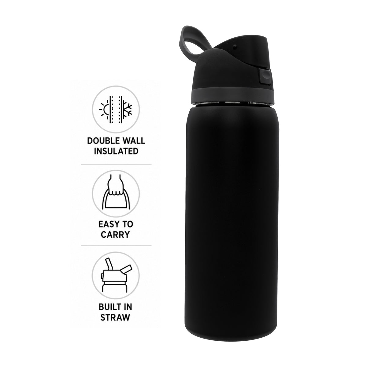 REGENT TRAVEL VACUUM FLASK STAINLESS STEEL WITH SIP STRAW BLACK, 960ML