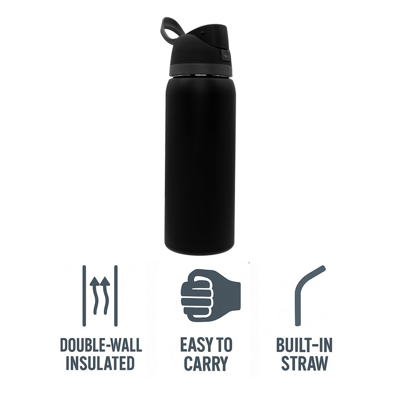 REGENT TRAVEL VACUUM FLASK STAINLESS STEEL WITH SIP STRAW BLACK, 960ML