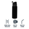 REGENT TRAVEL VACUUM FLASK STAINLESS STEEL WITH SIP STRAW BLACK, 960ML