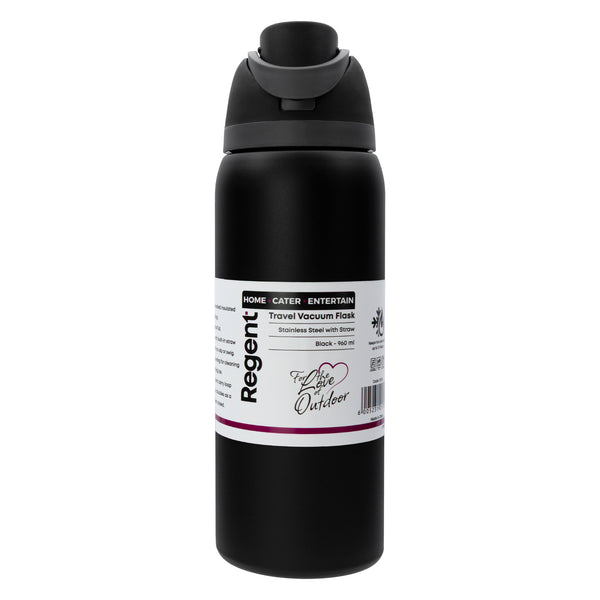 REGENT TRAVEL VACUUM FLASK STAINLESS STEEL WITH SIP STRAW BLACK, 960ML