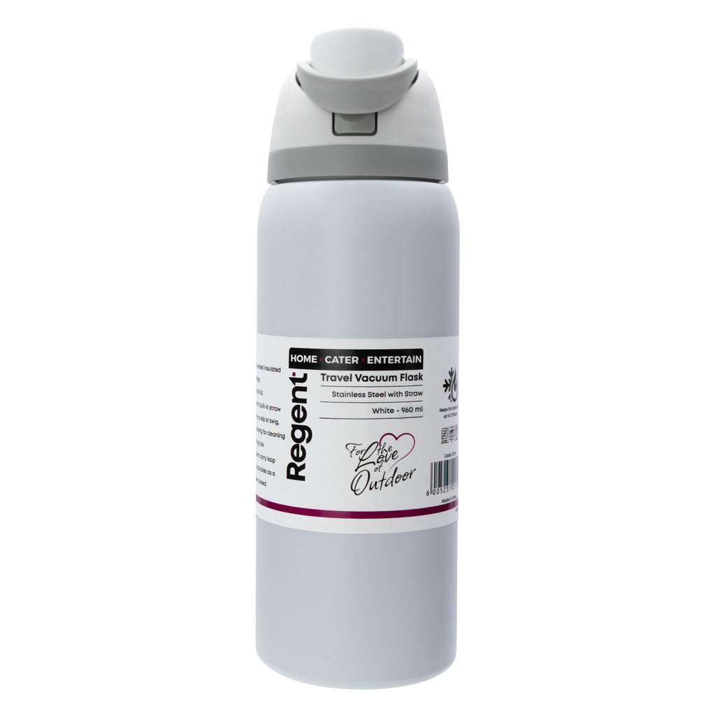 REGENT TRAVEL VACUUM FLASK STAINLESS STEEL WITH SIP STRAW WHITE, 960ML