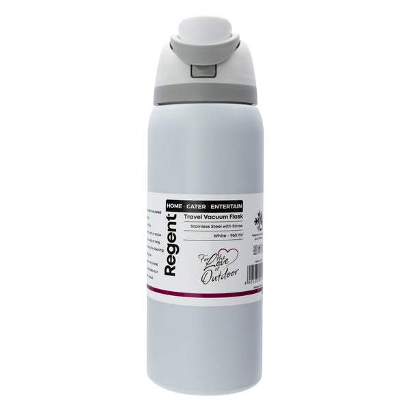 REGENT TRAVEL VACUUM FLASK STAINLESS STEEL WITH SIP STRAW WHITE, 960ML