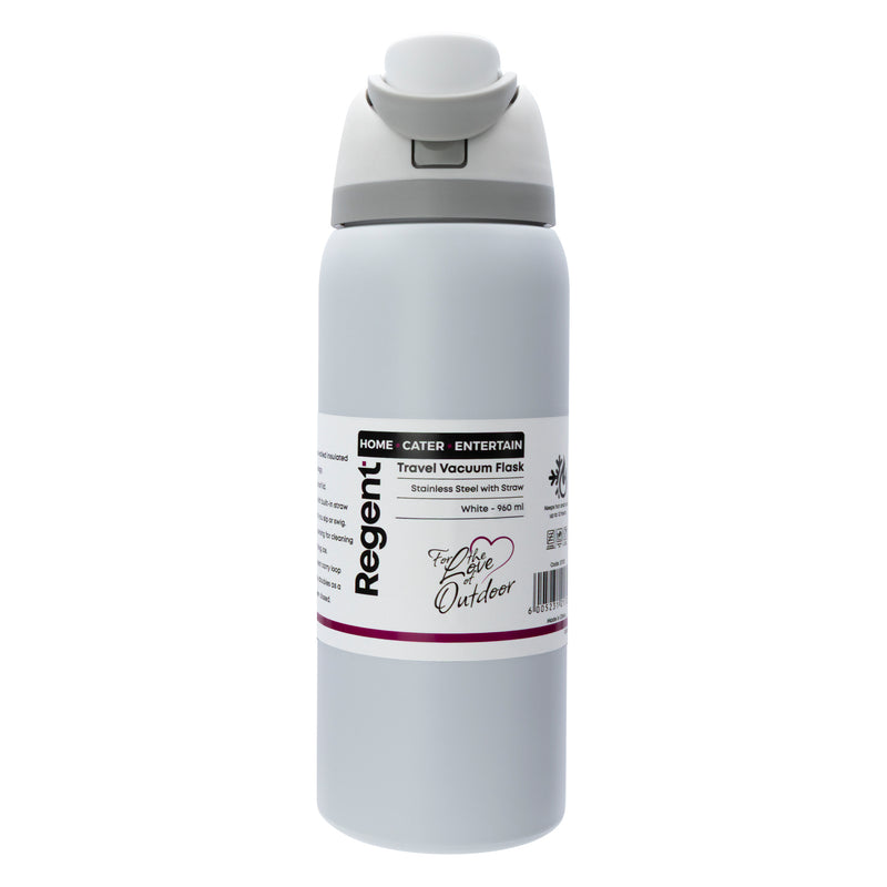 REGENT TRAVEL VACUUM FLASK STAINLESS STEEL WITH SIP STRAW WHITE, 960ML