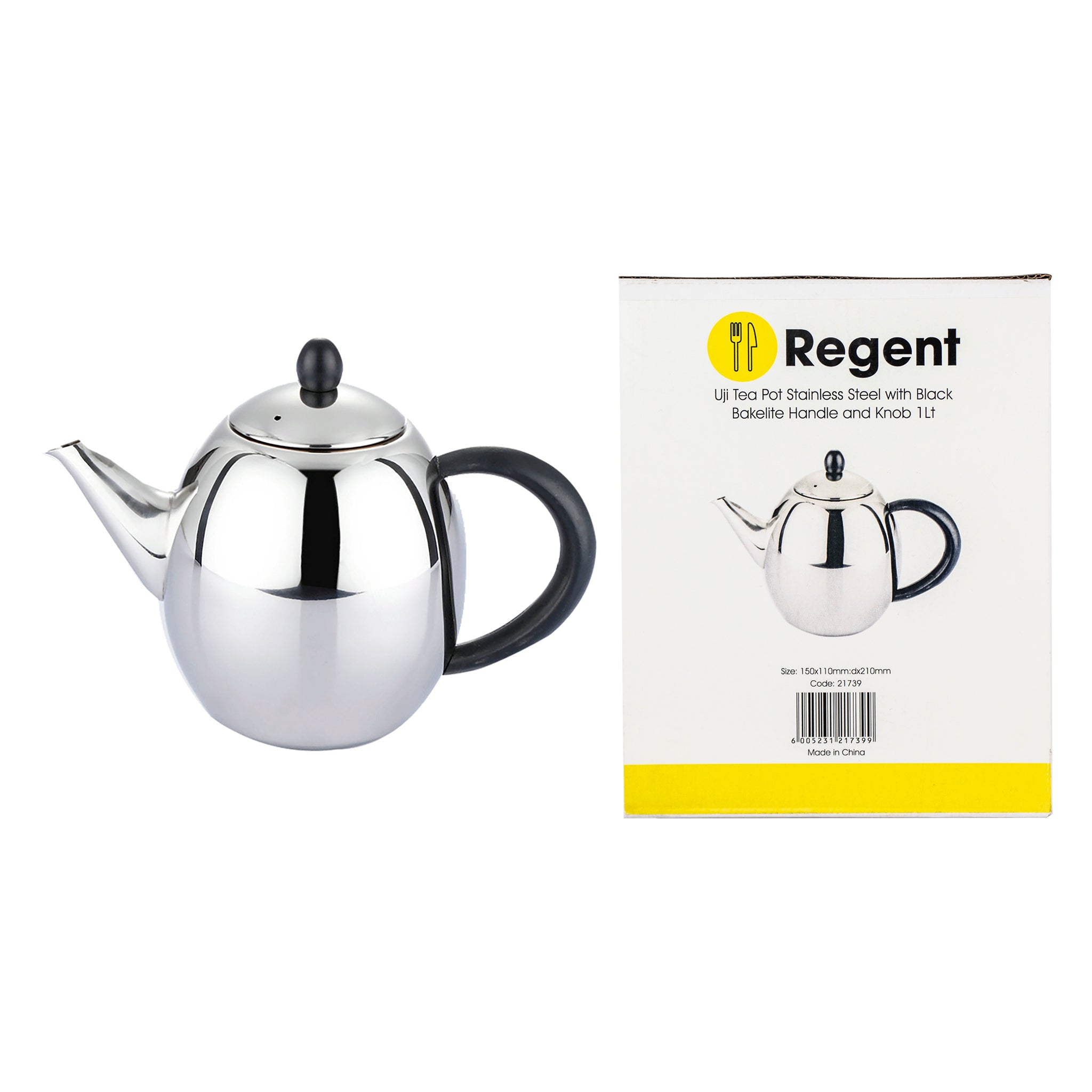REGENT UJI TEAPOT ST STEEL WITH BLACK BAKELITE HANDLE & KNOB, 1L