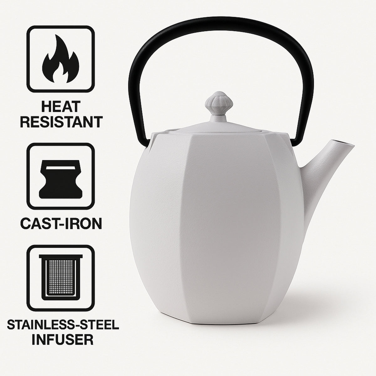 REGENT CAST IRON NAMBU TEKKI STYLE JAPANESE TEAPOT WHITE WITH BLACK HANDLE, 800ML