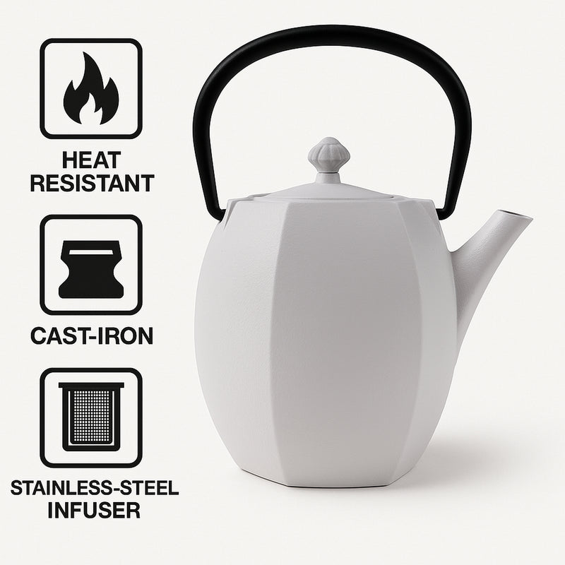 REGENT CAST IRON NAMBU TEKKI STYLE JAPANESE TEAPOT WHITE WITH BLACK HANDLE, (800ML)