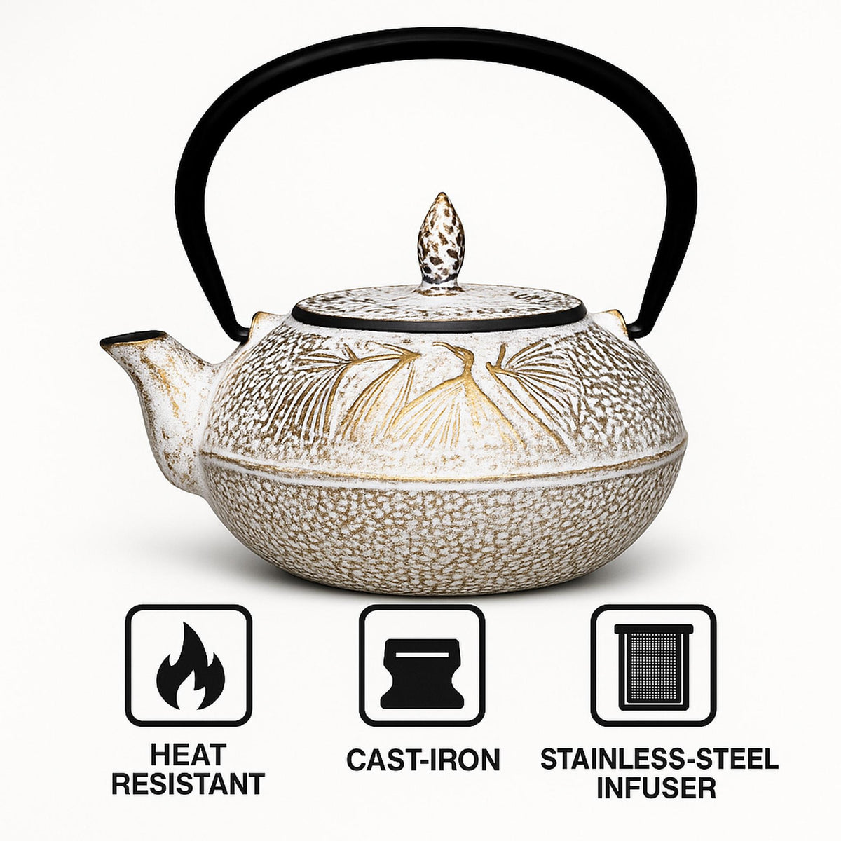 REGENT CAST IRON CHINESE TEAPOT WHITE AND GOLD, 500ML