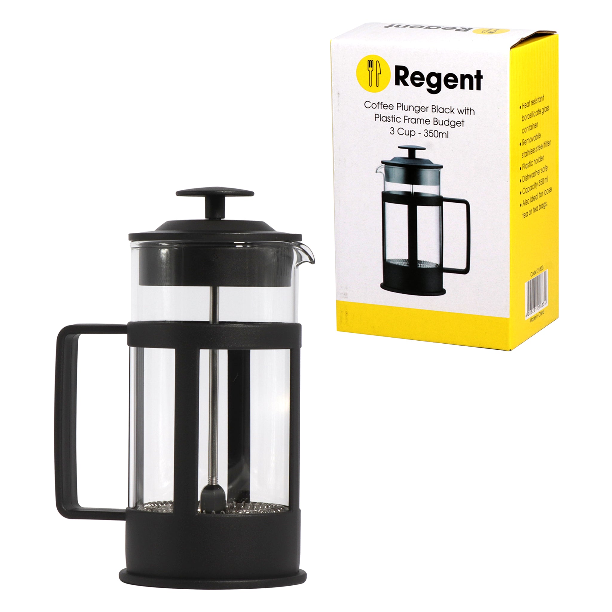 REGENT COFFEE PLUNGER BLACK WITH PLASTIC FRAME 3 CUP, 350ML