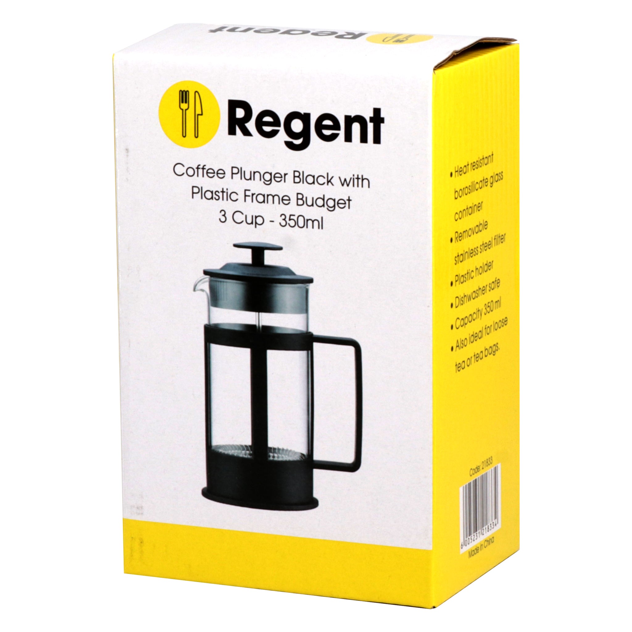 REGENT COFFEE PLUNGER BLACK WITH PLASTIC FRAME 3 CUP, 350ML