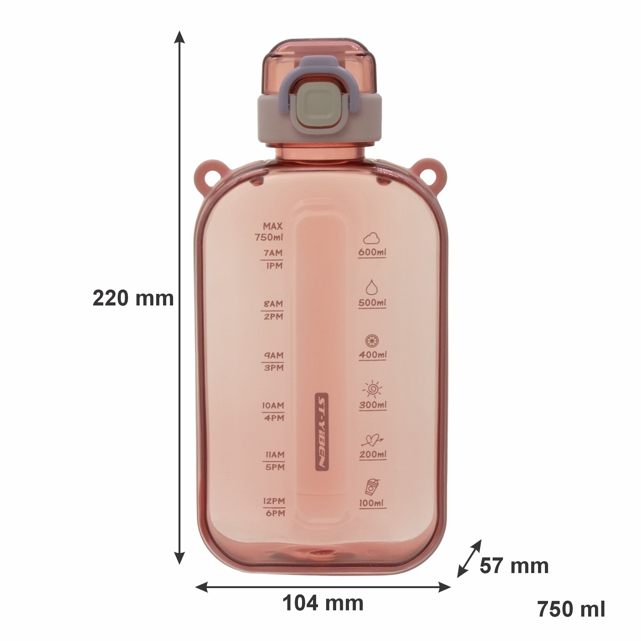 REGENT RECTANGULAR TRANSPARENT WATER BOTTLE PLASTIC WITH STRAP PINK, 750ML