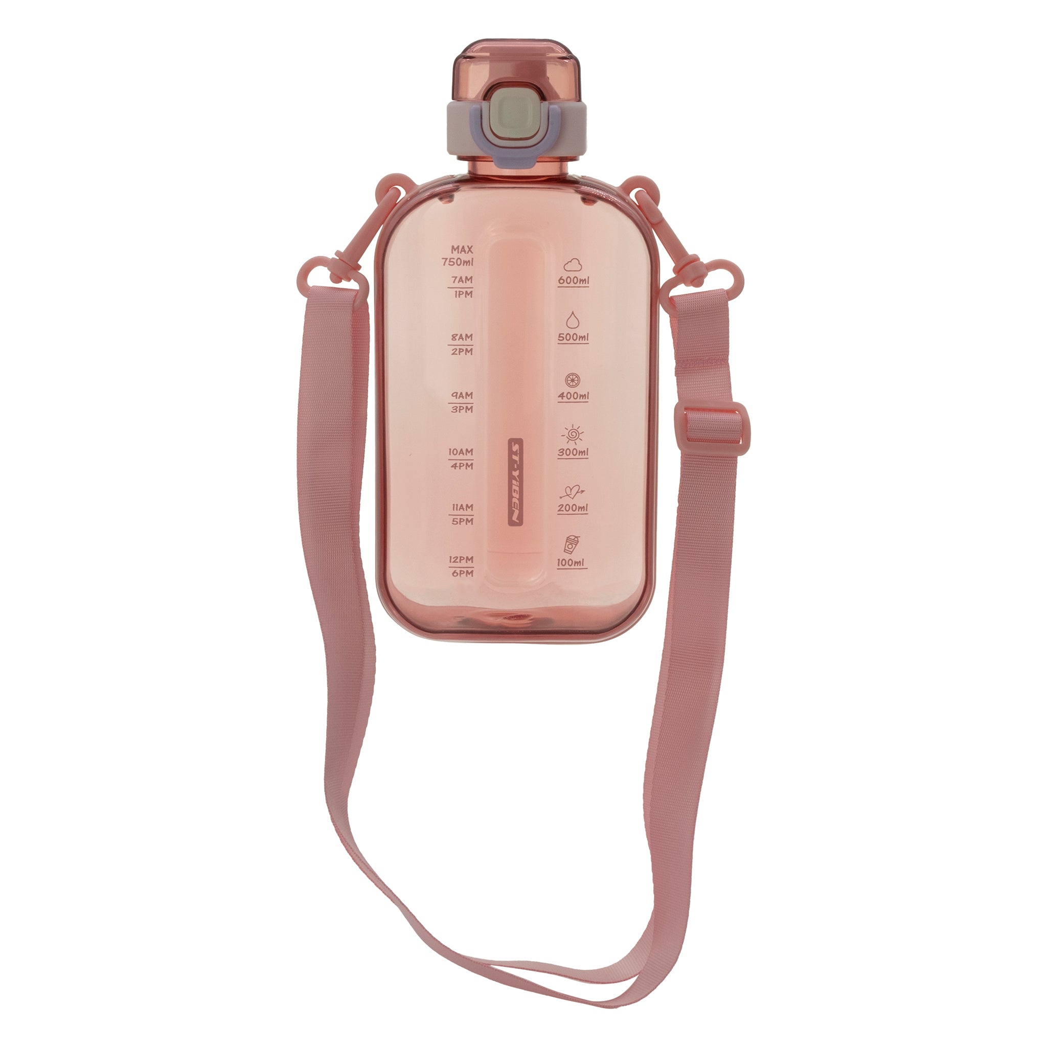 REGENT RECTANGULAR TRANSPARENT WATER BOTTLE PLASTIC WITH STRAP PINK, 750ML