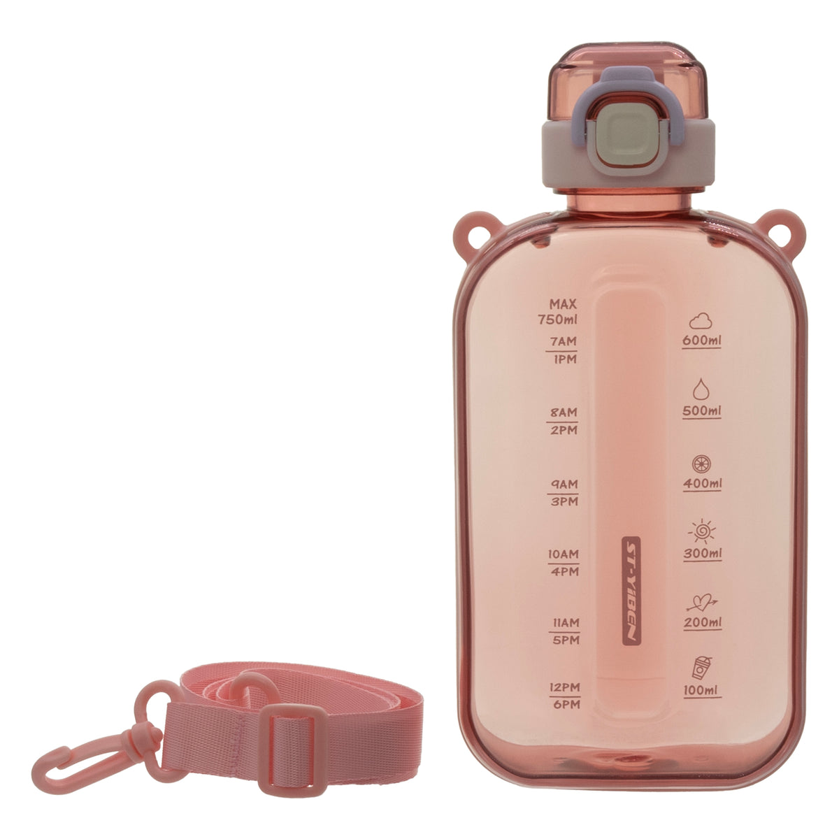 REGENT RECTANGULAR TRANSPARENT WATER BOTTLE PLASTIC WITH STRAP PINK, 750ML