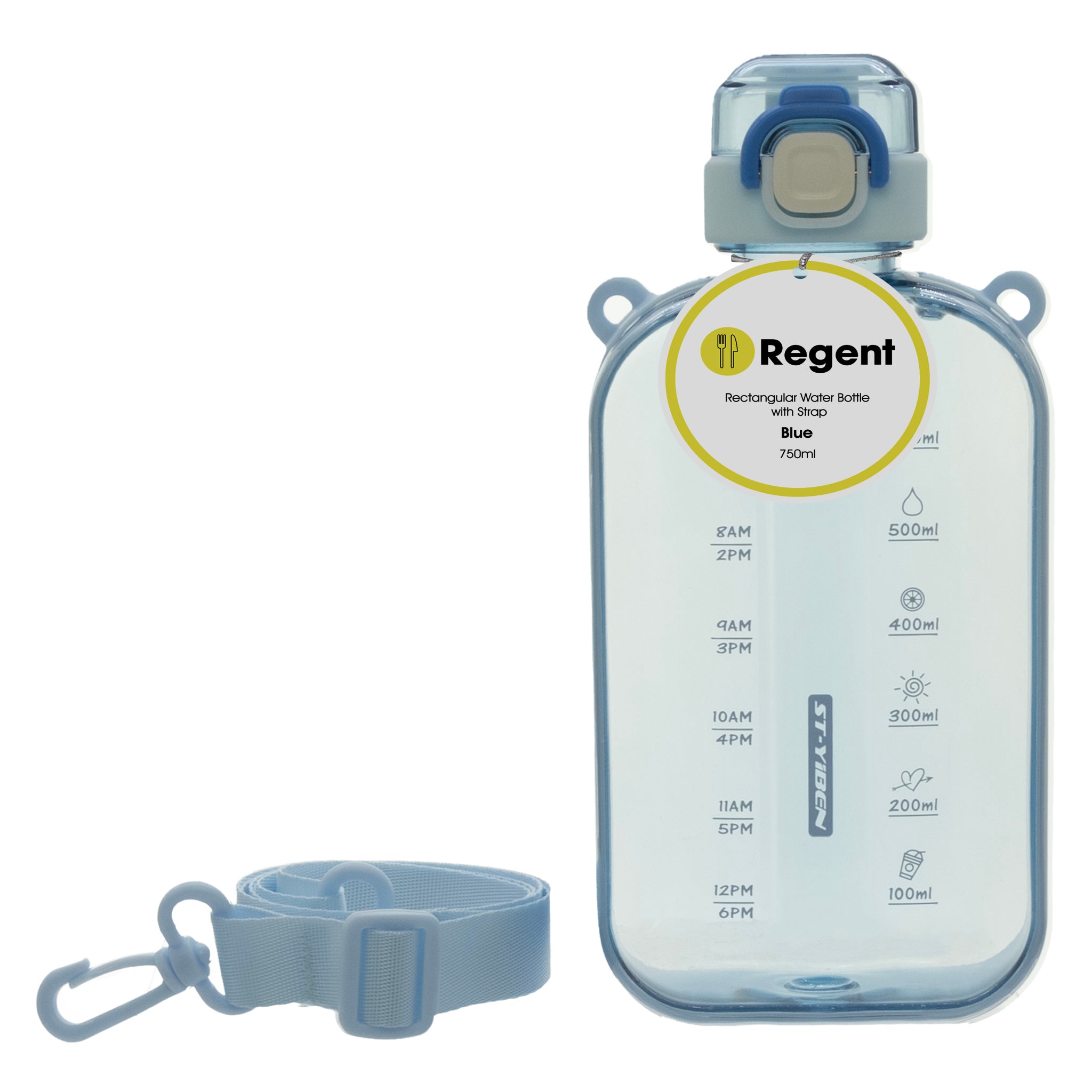 REGENT RECTANGULAR TRANSPARENT WATER BOTTLE PLASTIC WITH STRAP PASTEL BLUE, 750ML