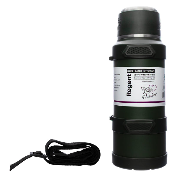 REGENT LARGE VACUUM FLASK STAINLESS STEEL WITH CUP LID KHAKI GREEN, 2LT (120MMDIAX330MM)