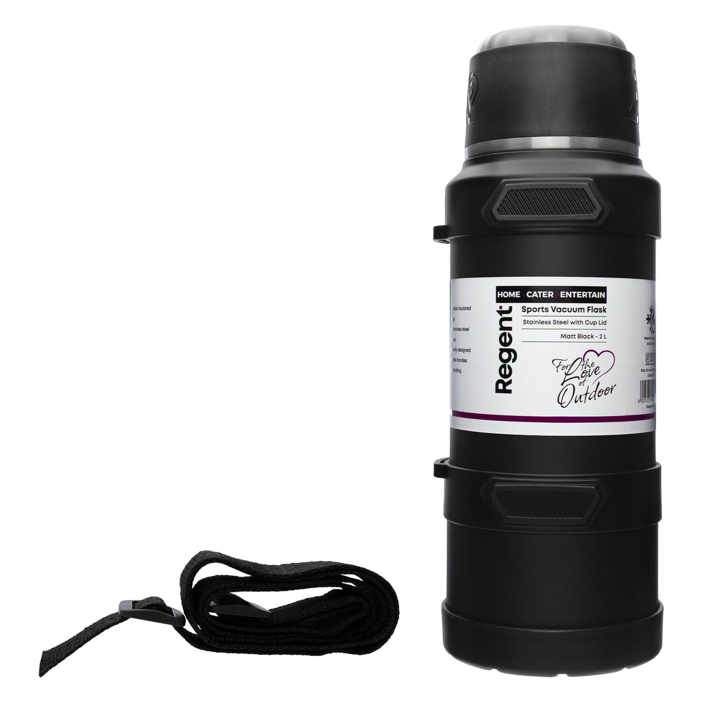 REGENT LARGE VACUUM FLASK STAINLESS STEEL WITH CUP LID MATT BLACK, 2L