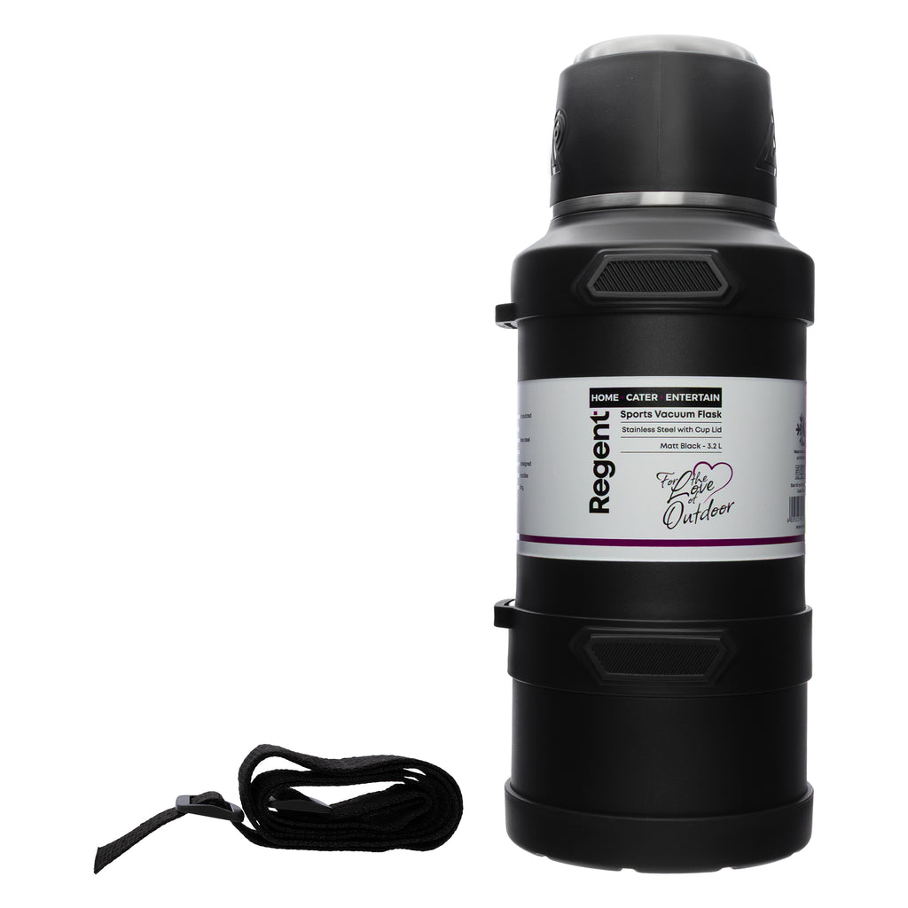 REGENT LARGE VACUUM FLASK STAINLESS STEEL WITH CUP LID MATT BLACK, 3.2LT (150MM DIAX375MM)