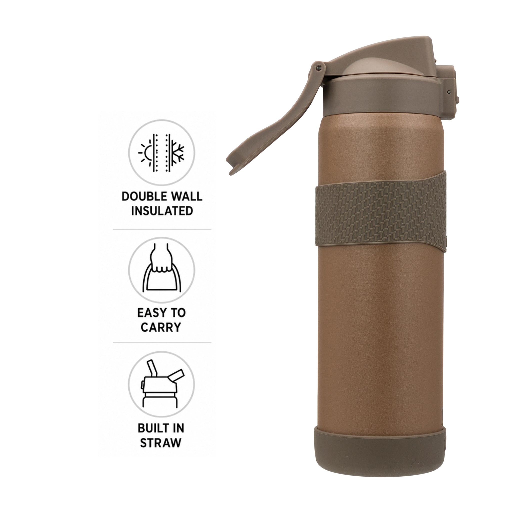 REGENT DOUBLE WALLED VACUUM INSULATED BOTTLE ST. STEEL, SILICONE AND PP PLASTIC BROWN, 900ML