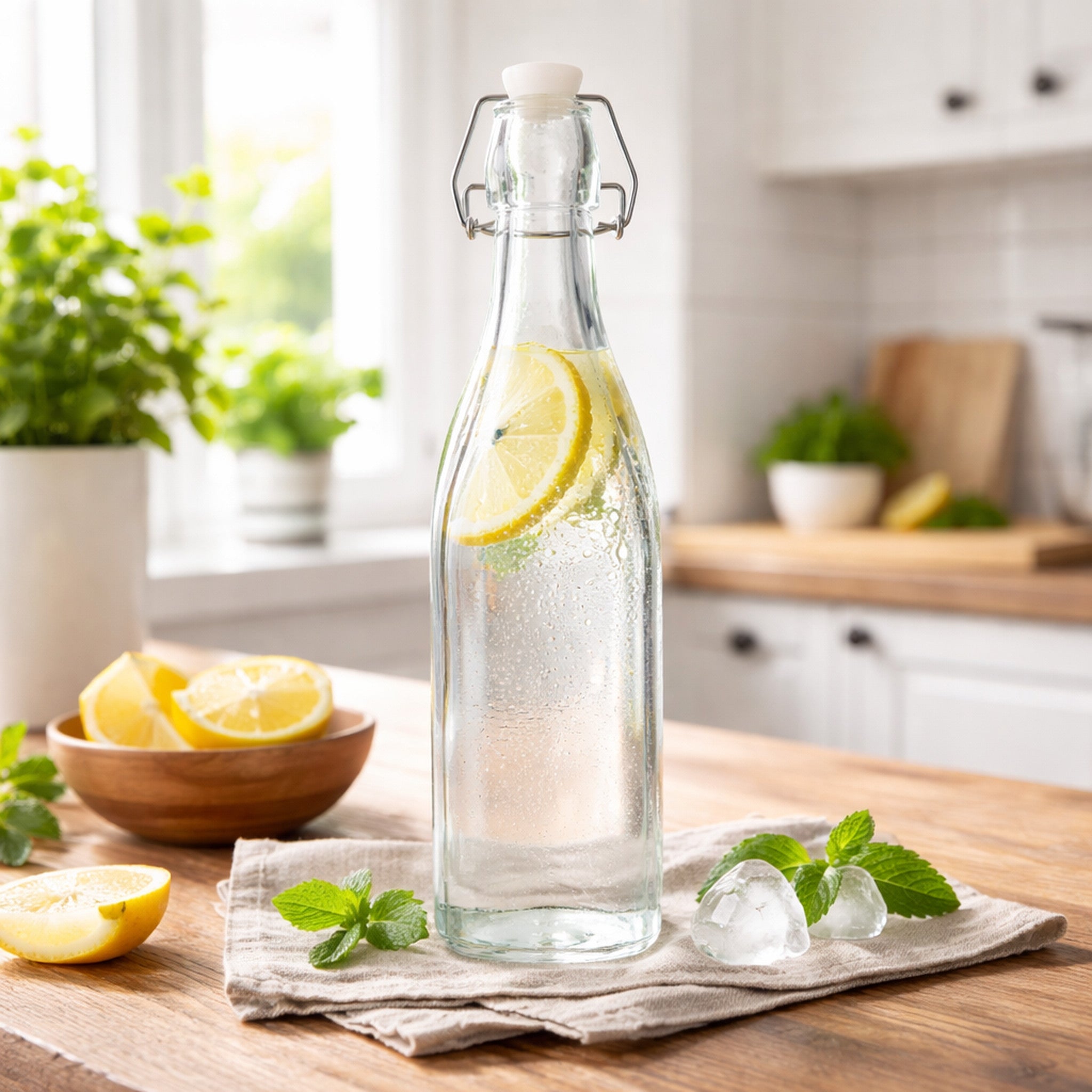 REGENT GLASS WATER BOTTLE SQUARE WITH CLIP-TOP LID, 1L
