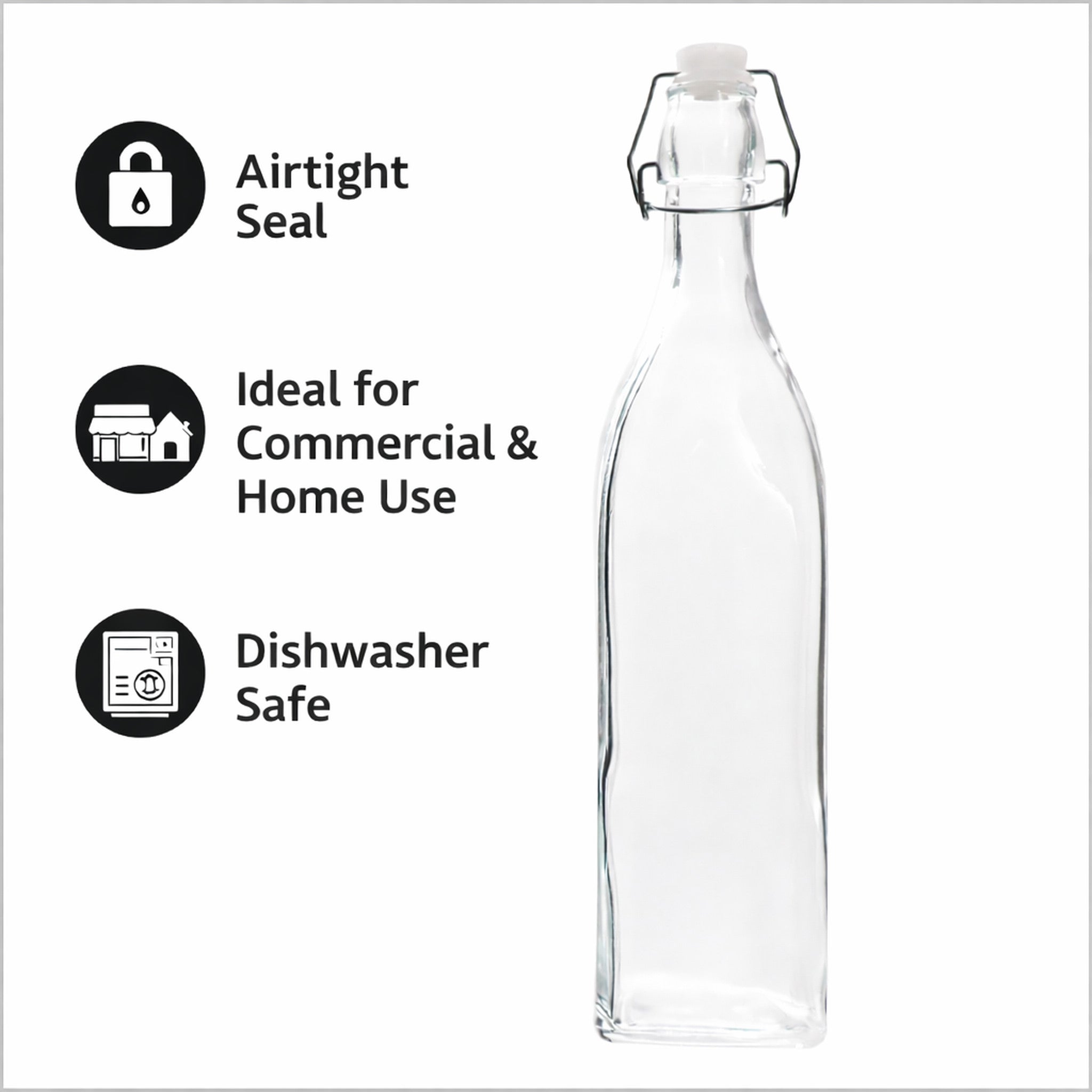 REGENT GLASS SQUARE BOTTLE WITH CLIP-TOP LID, 500ML