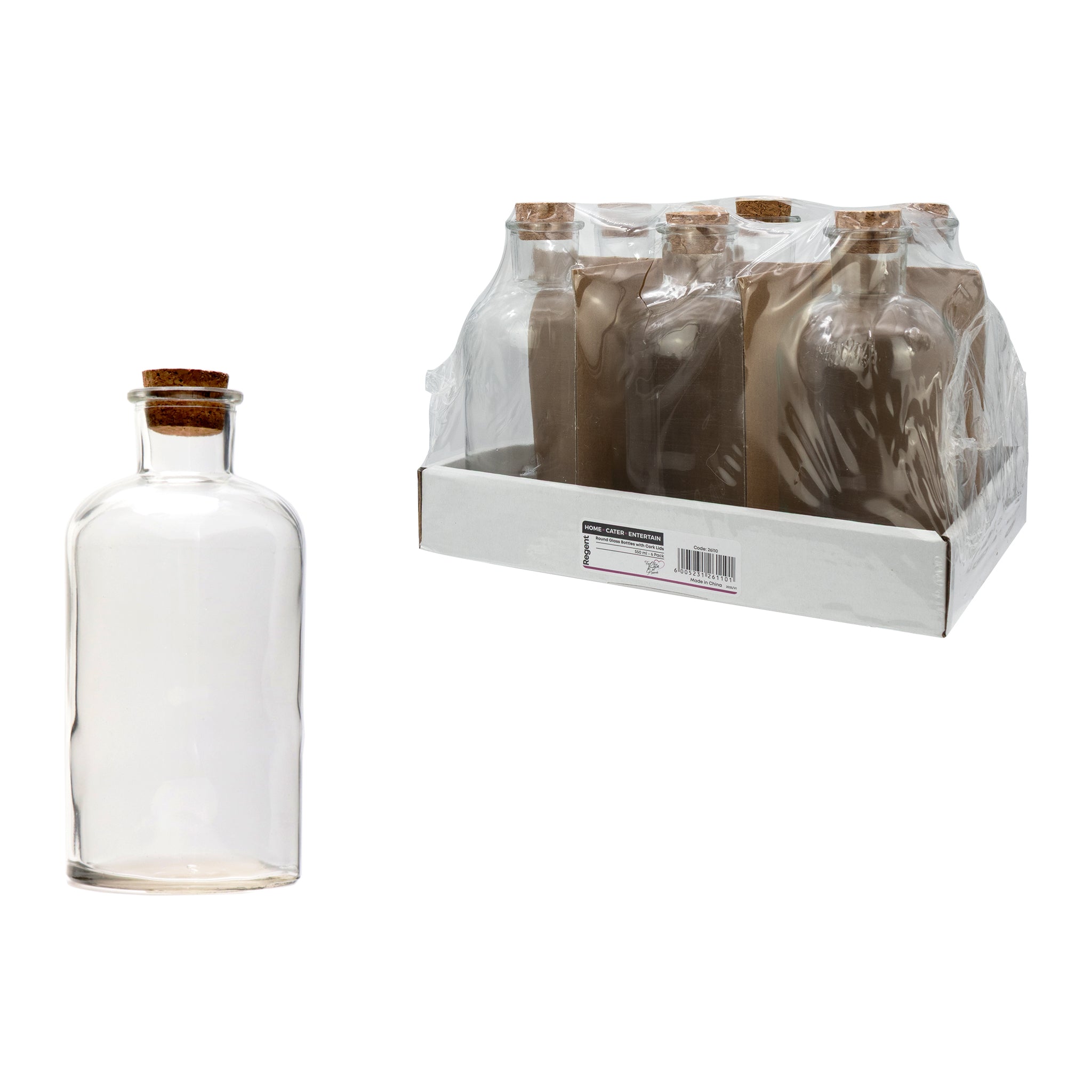 REGENT GLASS ROUND BOTTLES WITH CORK LIDS 6PK, 550ML