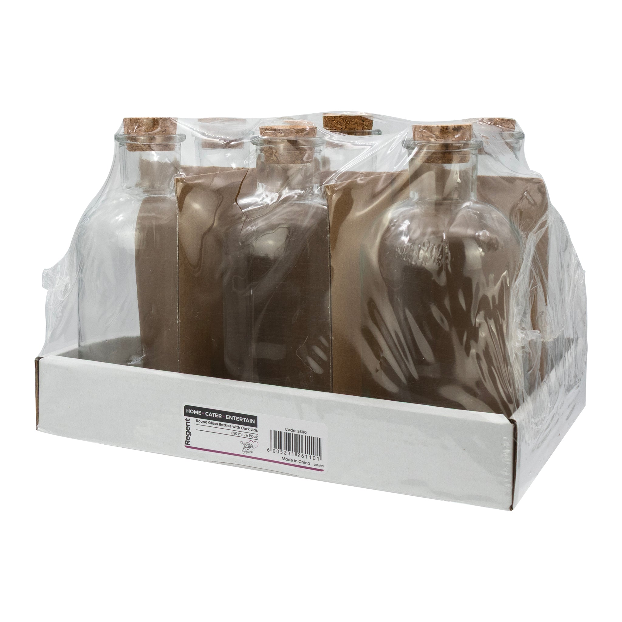 REGENT GLASS ROUND BOTTLES WITH CORK LIDS 6PK, 550ML