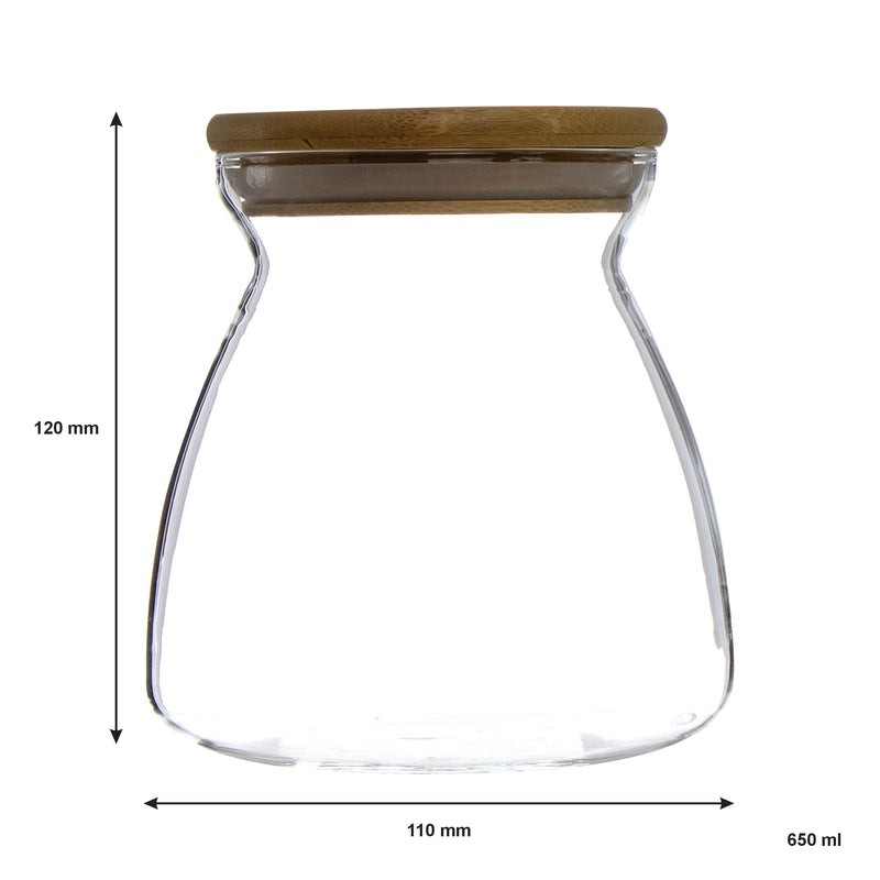 REGENT BOROSILICATE SHAPED GLASS JAR WITH BAMBOO LID, 650ML (110MM DIAX120MM)