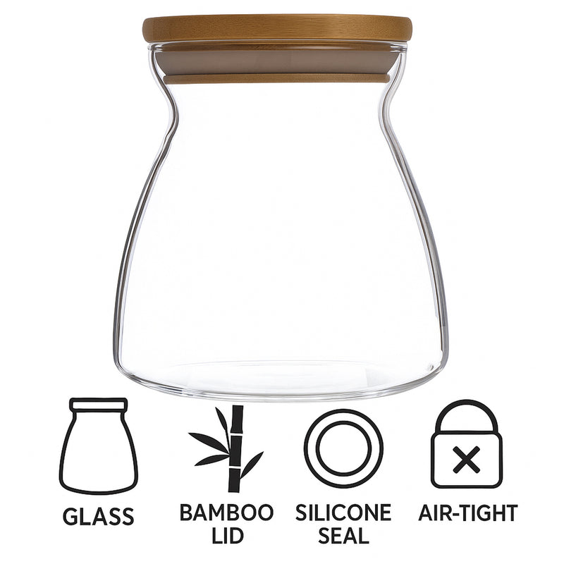 REGENT BOROSILICATE SHAPED GLASS JAR WITH BAMBOO LID, 650ML