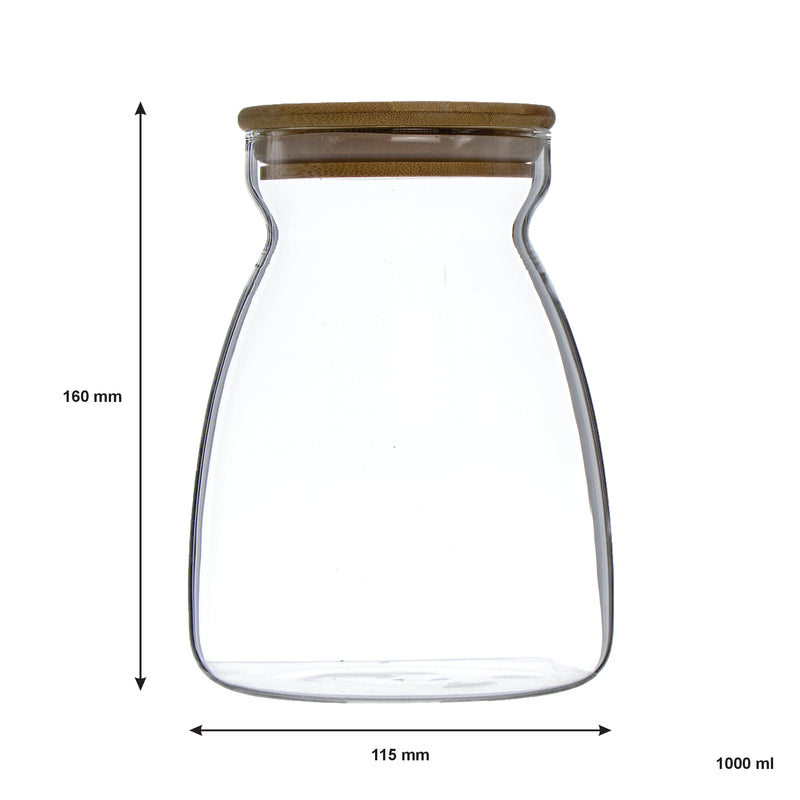 REGENT BOROSILICATE SHAPED GLASS JAR WITH BAMBOO LID, 1LT (115MM DIAX160MM)