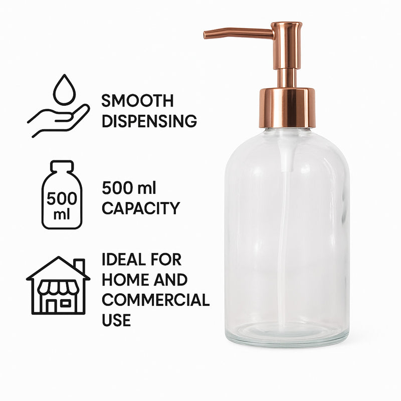 REGENT GLASS ROUND SOAP DISPENSER WITH ROSE GOLD PLASTIC PUMP, 400ML