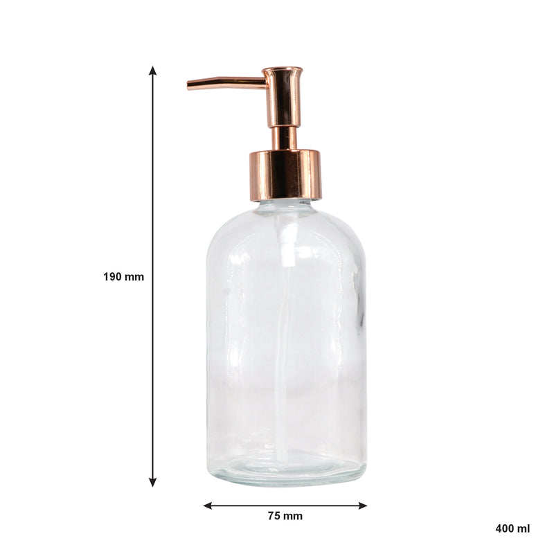 REGENT GLASS ROUND SOAP DISPENSER WITH ROSE GOLD PLASTIC PUMP, 400ML