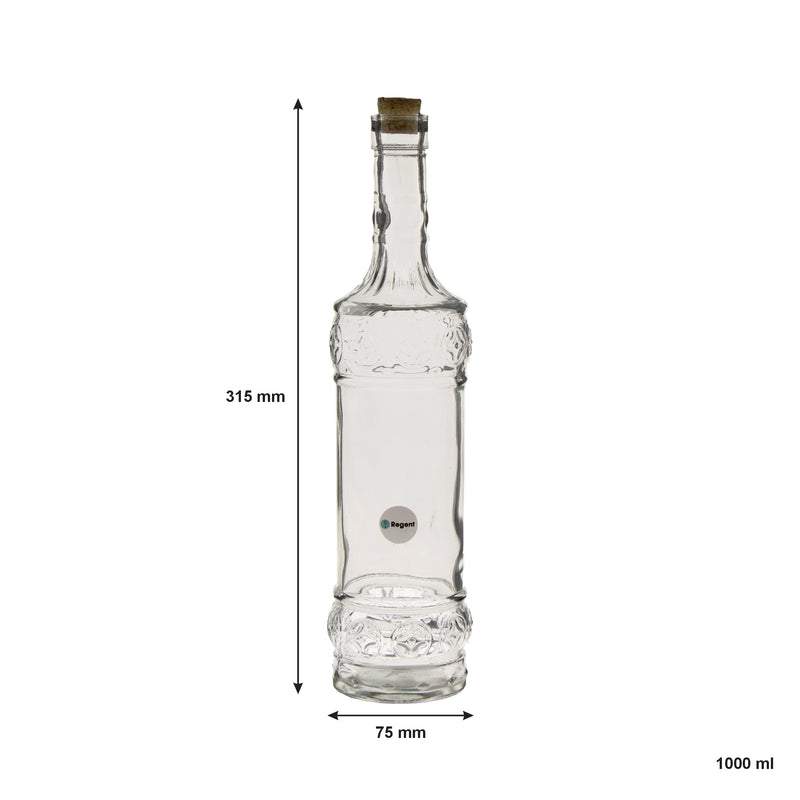 REGENT GLASS VINTAGE STYLE DECO EMBOSSED BOTTLE WITH CORK LID, 1LT (315X75X75MM)