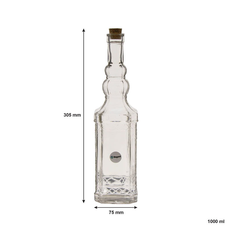 REGENT GLASS VINTAGE STYLE CLASSIC EMBOSSED BOTTLE WITH CORK LID, 1LT (305X75X75MM)