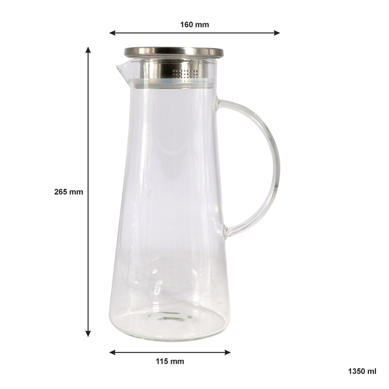 REGENT BOROSILICATE GLASS WATER JUG WITH HANDLE AND ST STEEL LID, 1.35LT (265X160X115MM DIA)