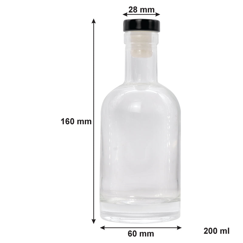 REGENT GLASS GIN BOTTLE WITH BLACK STOPPER, 200ML (60MM DIAX160MM)