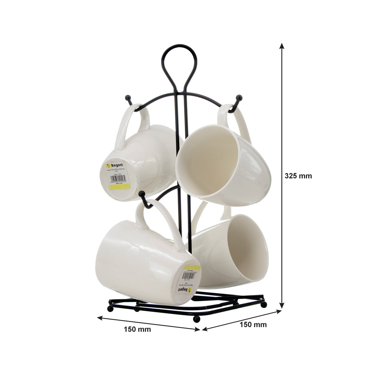 REGENT WHITE COFFEE MUGS 4PCS ON A BLACK POWDER COATED TREE STAND, 330ML