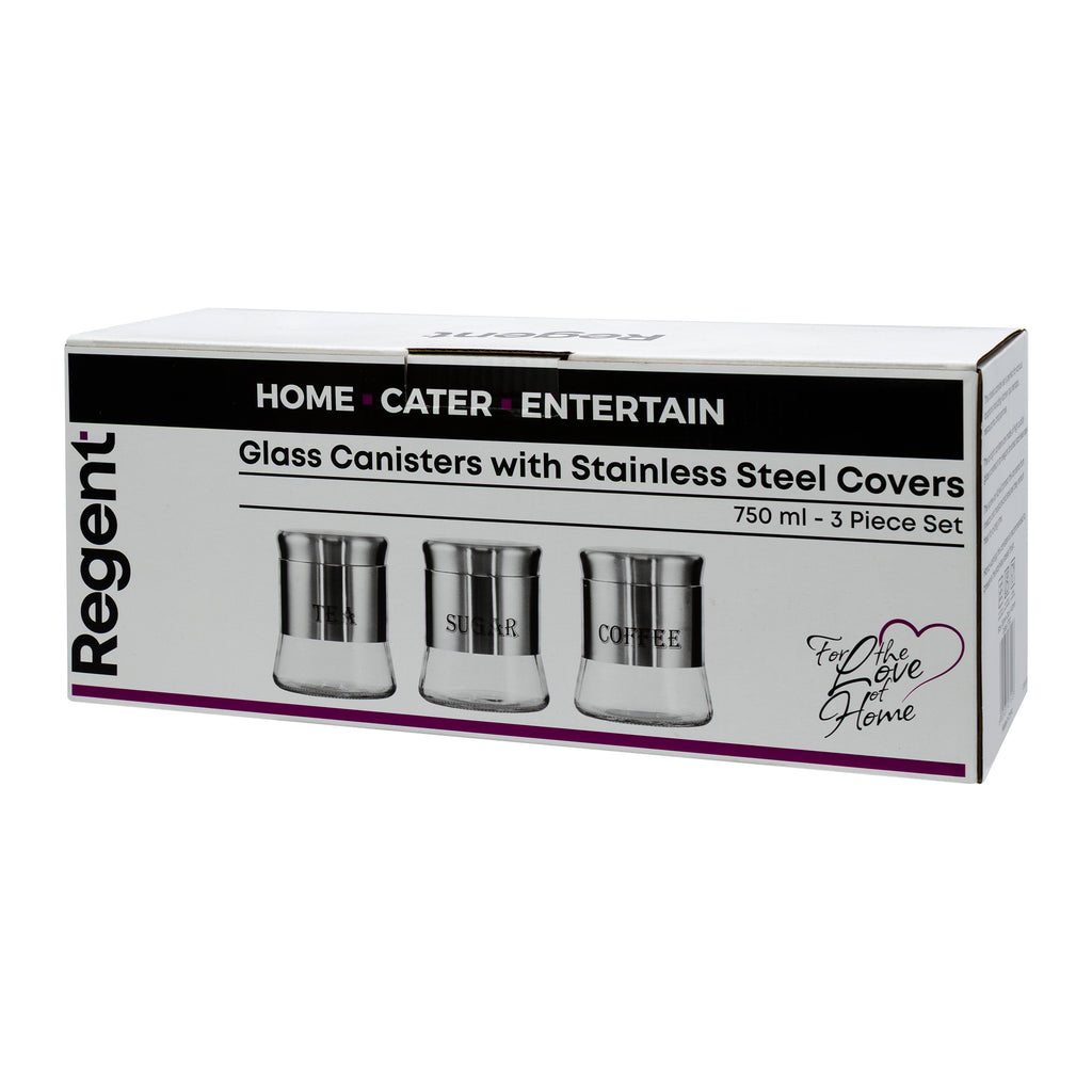 REGENT ROUND GLASS CANISTERS (T l C l S ) WITH ST.STEEL COVERS 3PCS SET, 750ML