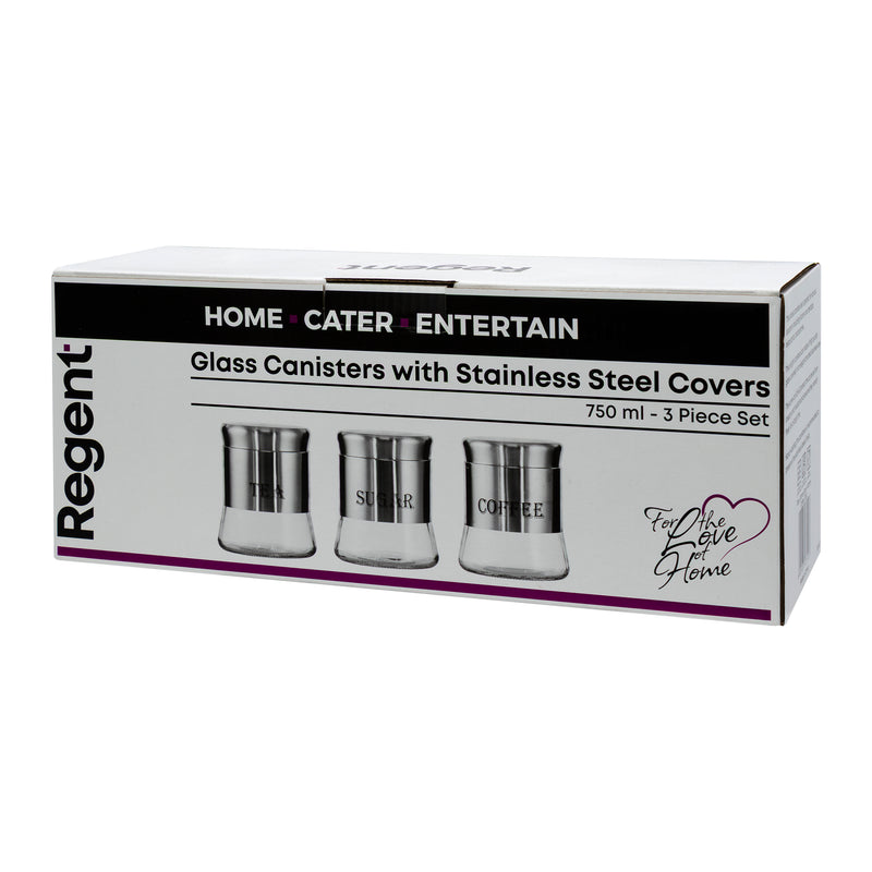 REGENT ROUND GLASS CANISTERS (T l C l S ) WITH ST.STEEL COVERS 3PCS SET, 750ML