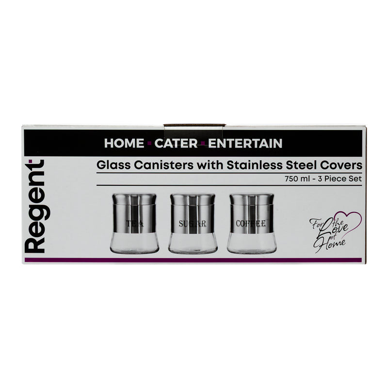 REGENT ROUND GLASS CANISTERS (T l C l S ) WITH ST.STEEL COVERS 3PCS SET, 750ML