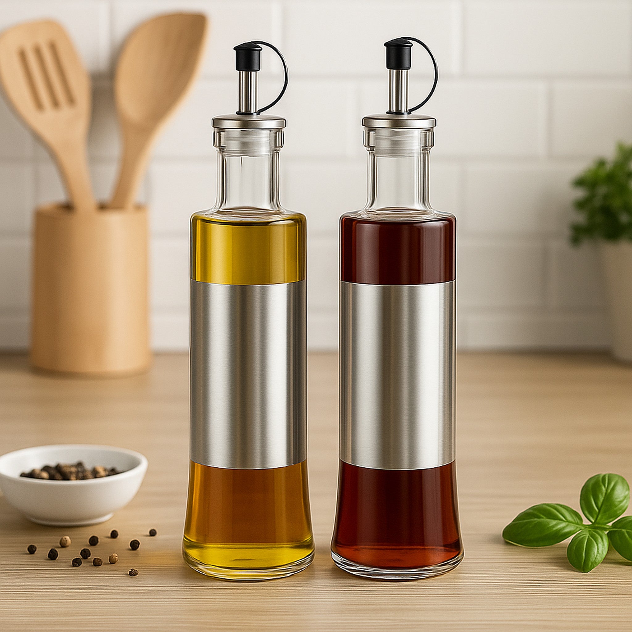 REGENT GLASS OIL & VINEGAR BOTTLES WITH ST STEEL COVERS 2PCS SET, 300ML