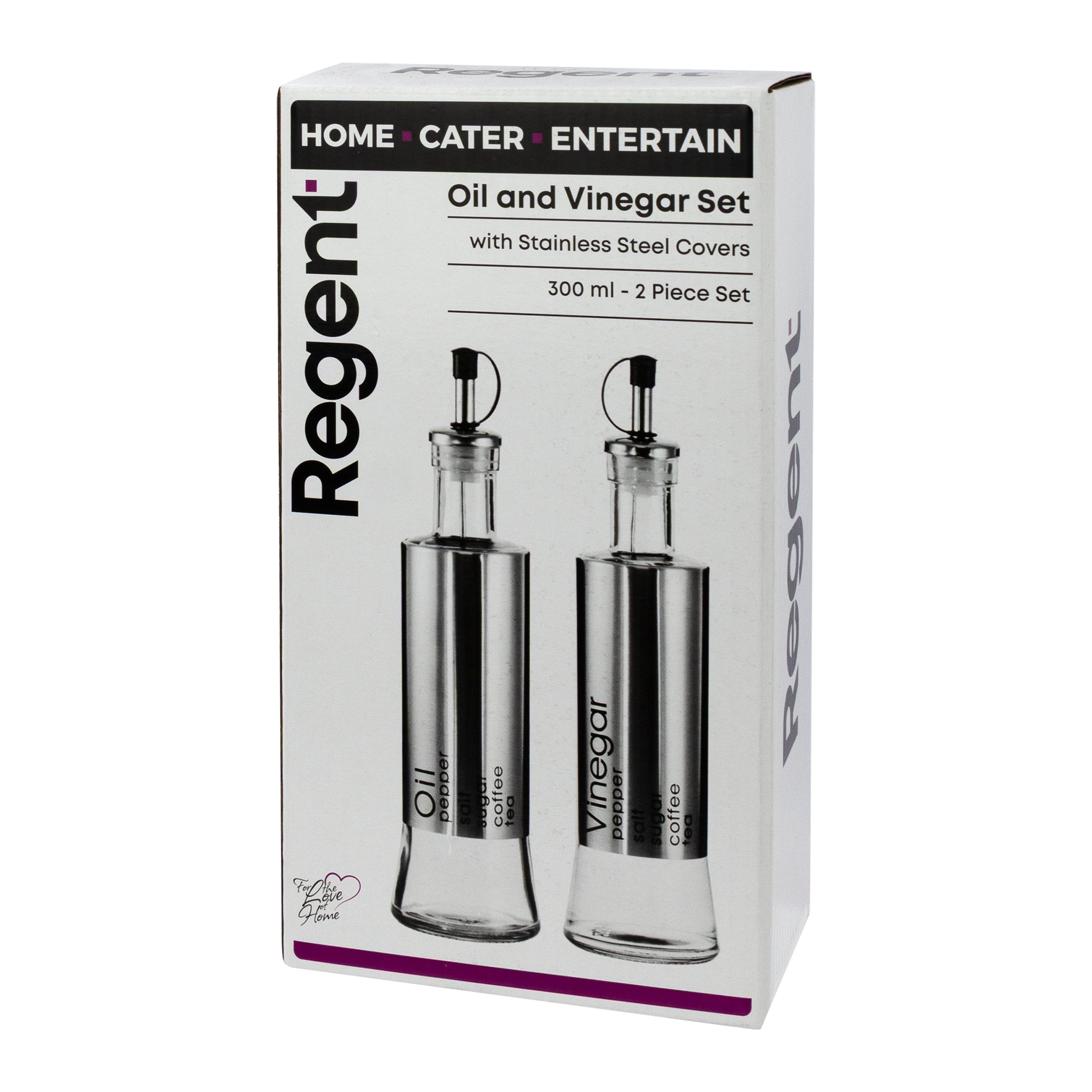 REGENT GLASS OIL & VINEGAR BOTTLES WITH ST STEEL COVERS 2PCS SET, 300ML